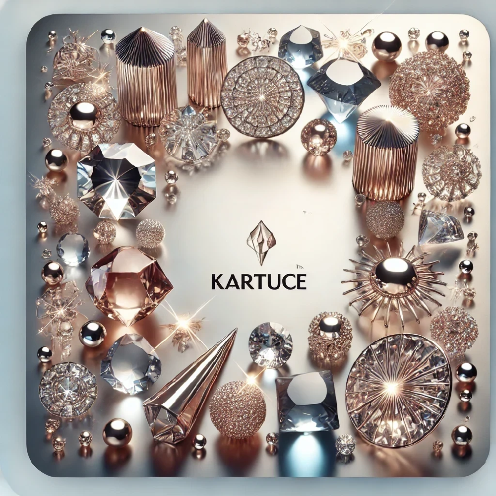 An elegant social media image showcasing the brilliance of premium crystals used in Kartuce products. The design features representations of Preciosa and Serinity crystals with a soft gradient background that enhances their sparkle. The image includes subtle reflections and light effects, emphasizing the quality and luxury of these materials.